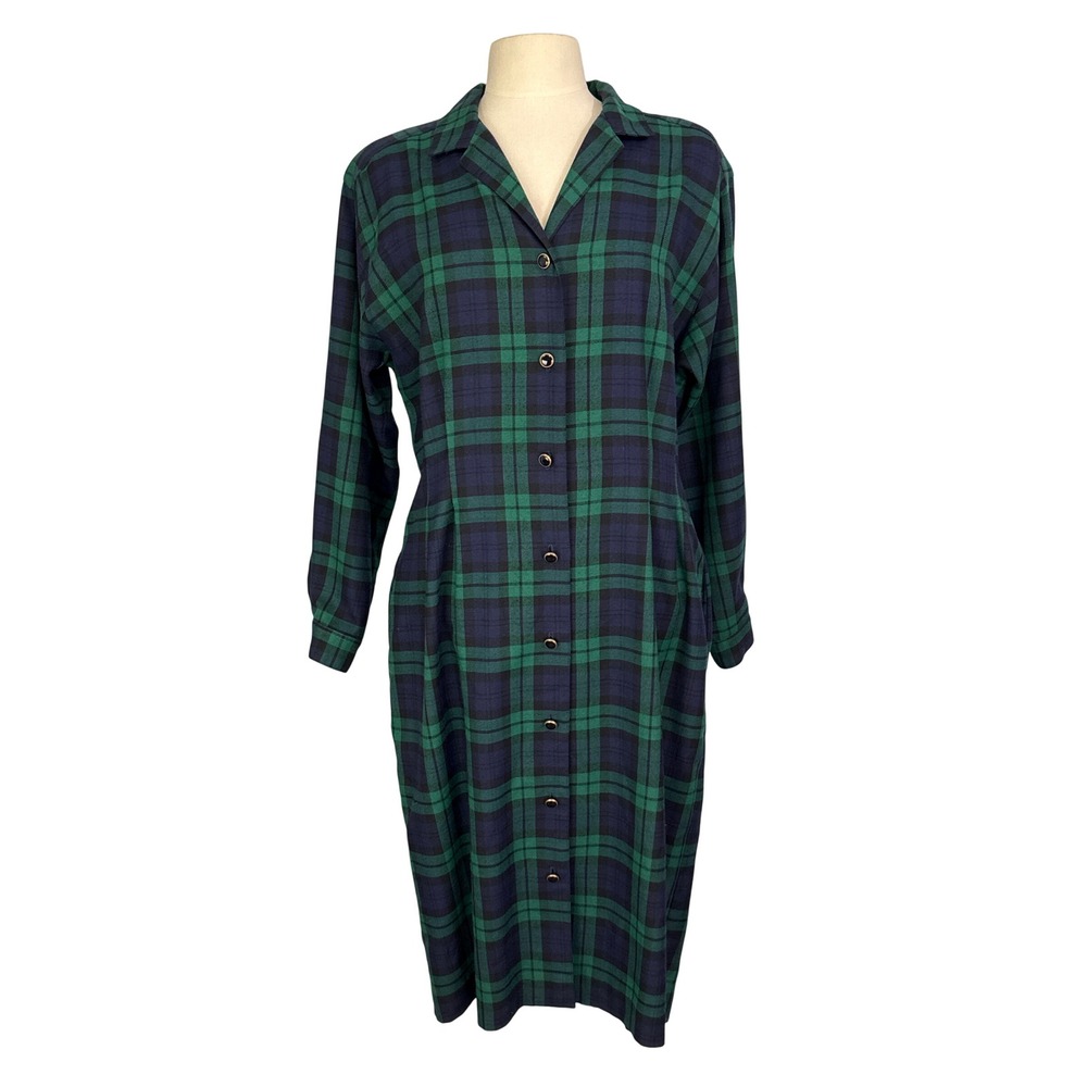 Andrew Harvey Vintage Green Blue Plaid‎ Shirt Dress Long Sleeve 40 bust 36 waist